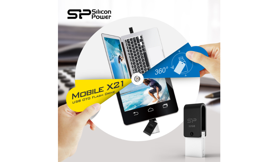 SP廣穎電通推出全新手機電腦雙用OTG隨身碟—Mobile X21 360度輕推旋轉 指尖備分On-the-go